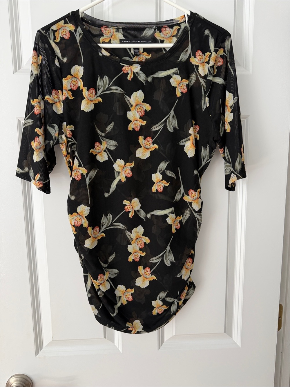 White House Black Market Black Floral Sheer Blouse with Yellow & Peach Blooms